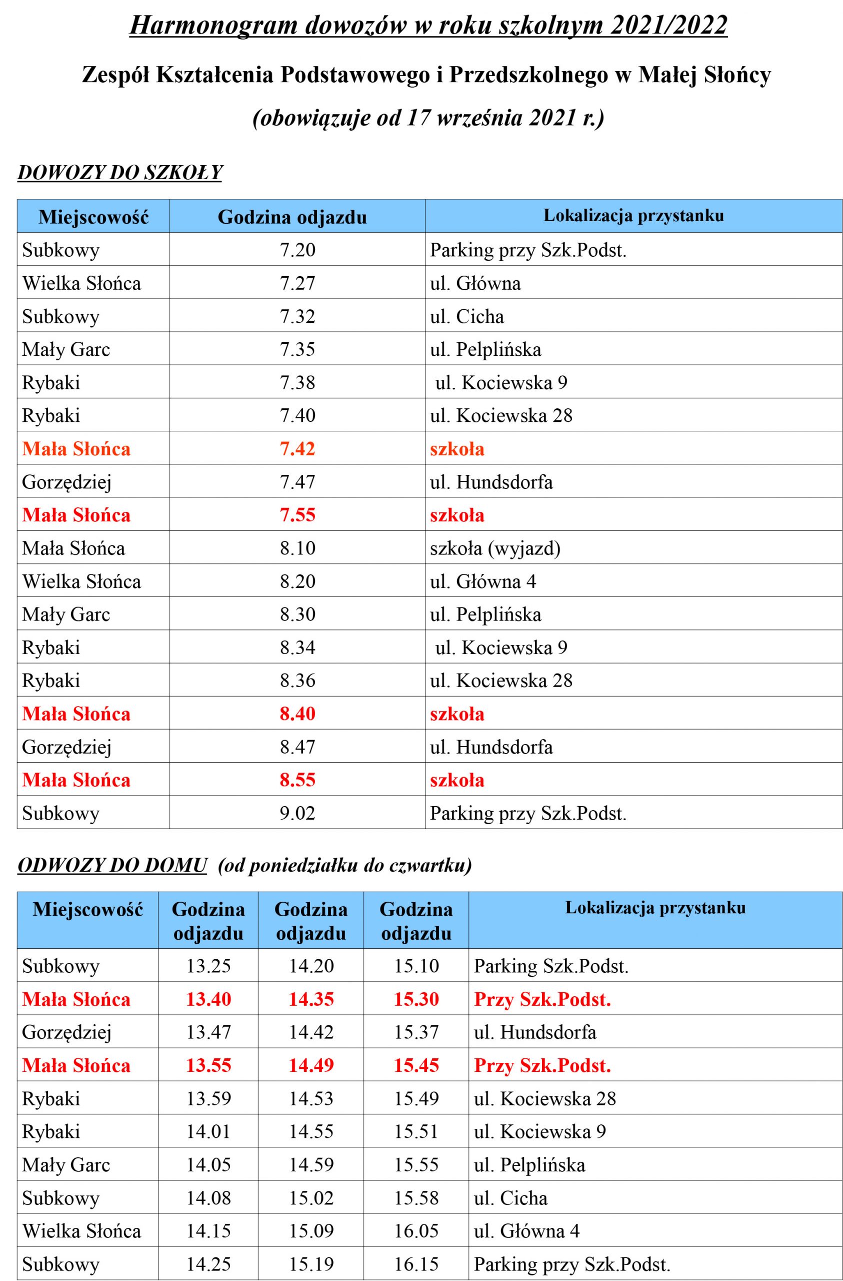 Harmonogram dowozów w roku szkolnym 2021/2022 – od 17 września 2021r. 