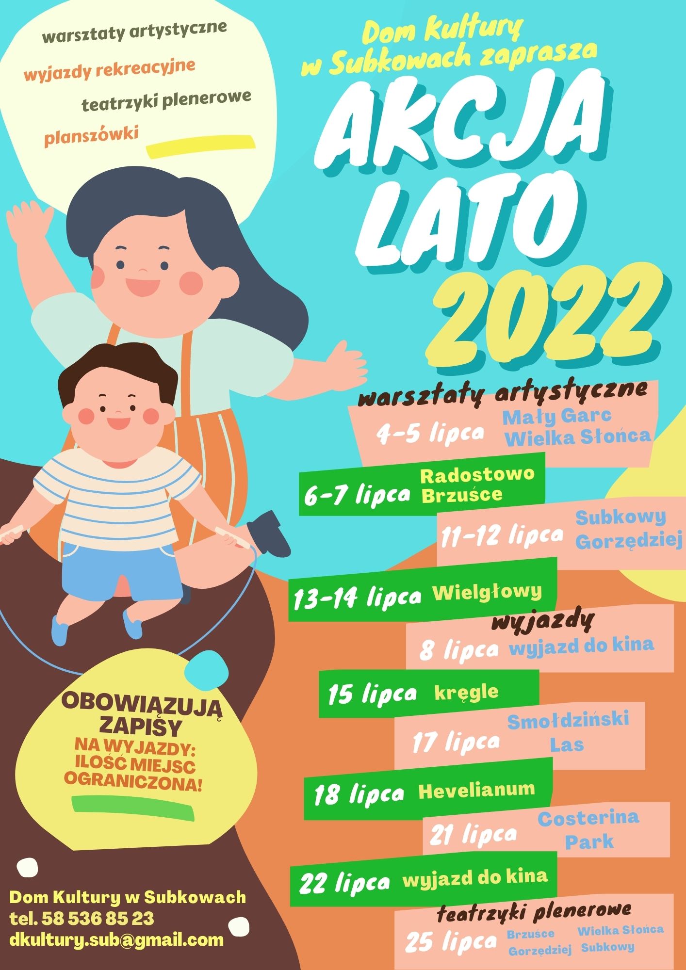 Zapraszamy dzieci i młodzież szkolną do skorzystania z oferty wakacyjnych wydarzeń zaplanowanych przez Dom Kultury w Subkowach.