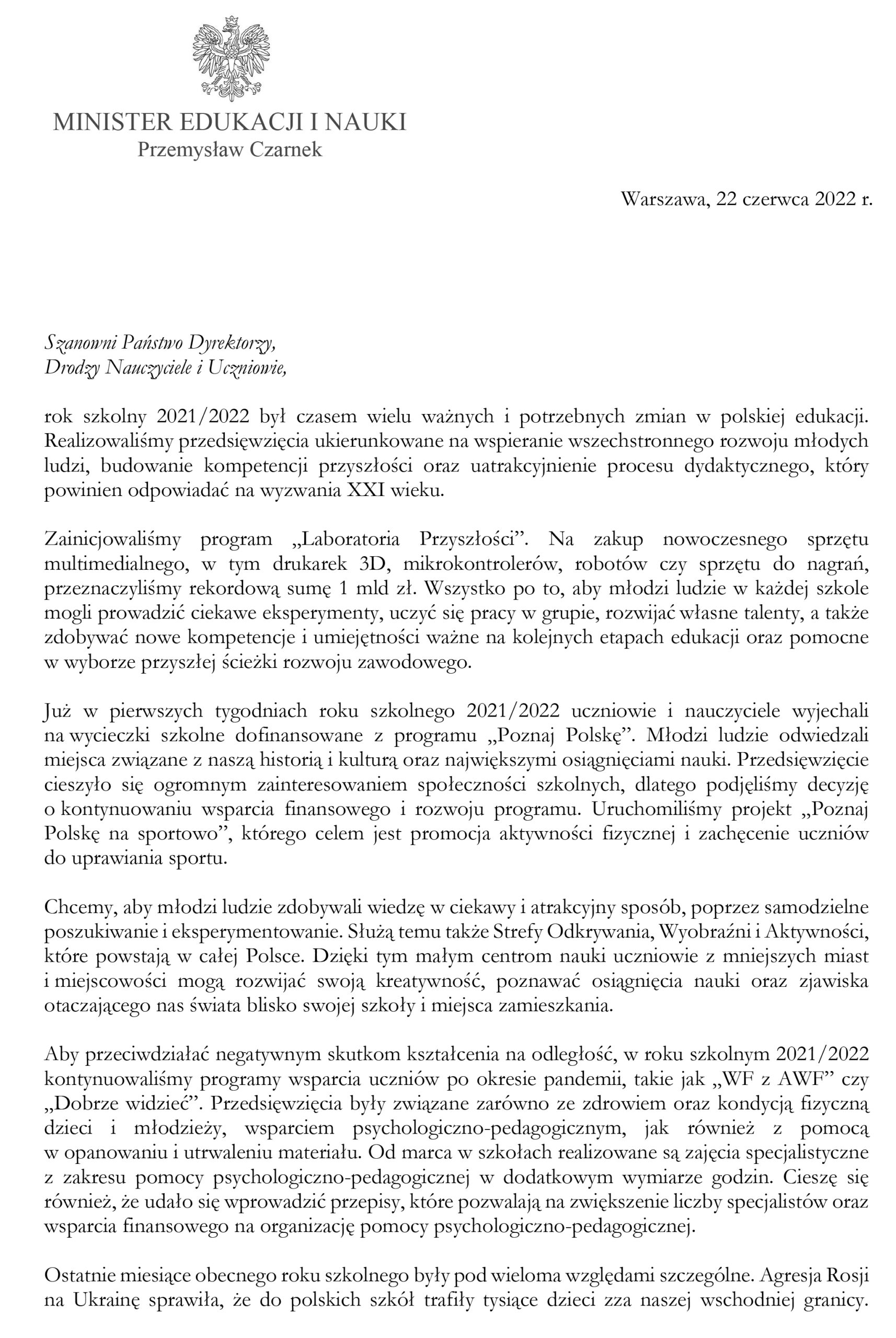 List na zakończenie roku szkolnego 2021/2022