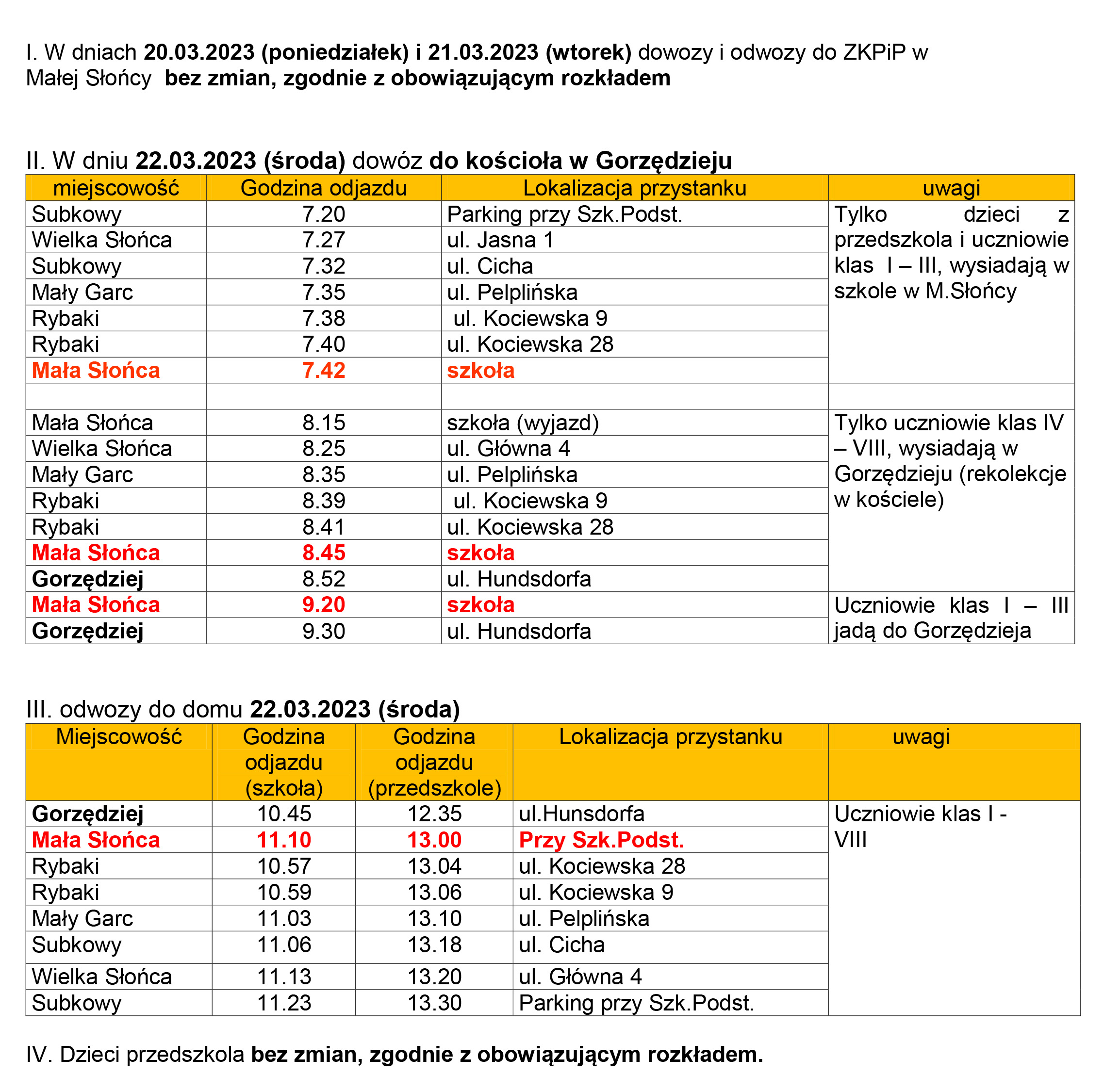 Harmonogram dowozów rekolekcje 2023