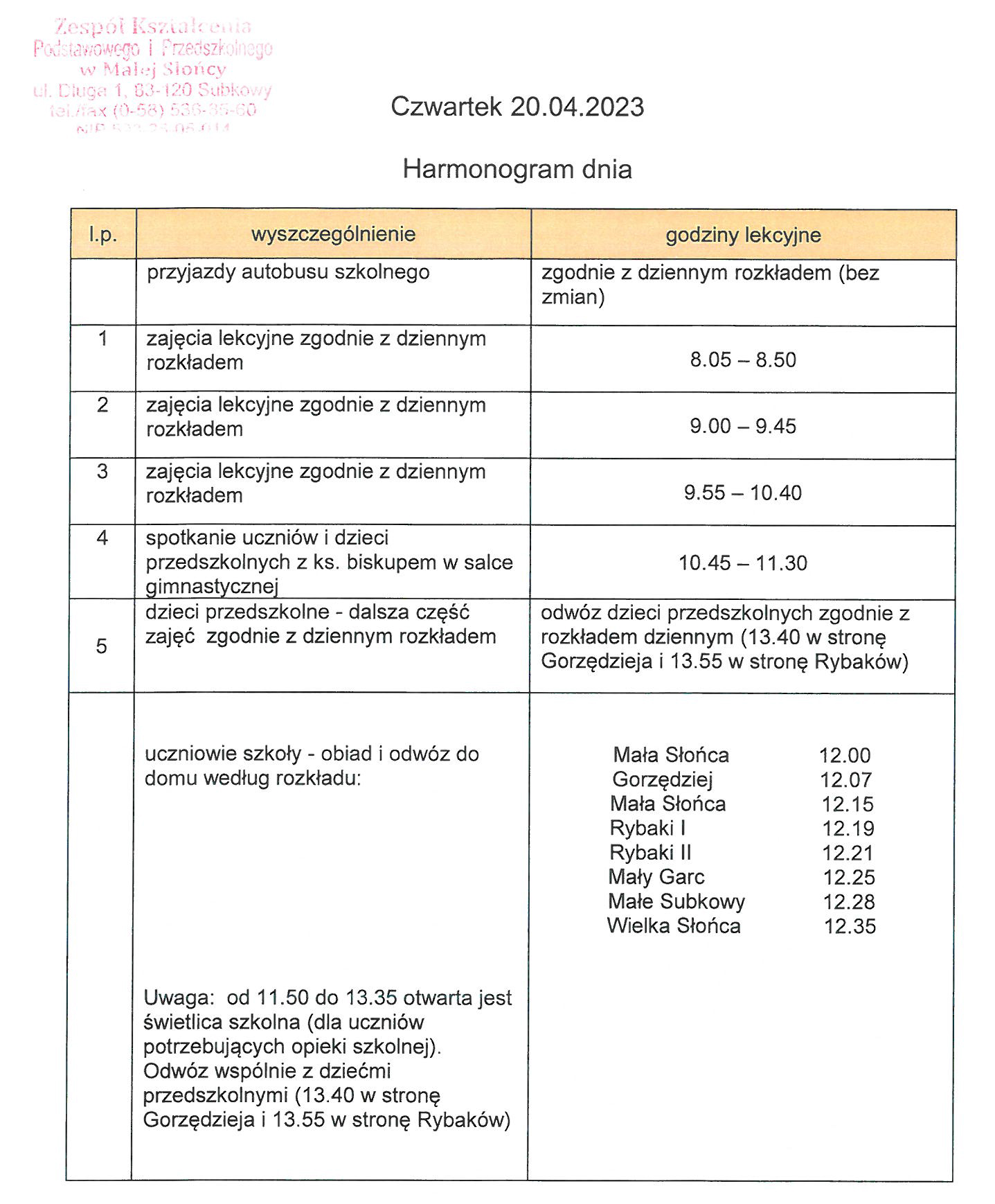 Harmonogram dnia 20 04 2023
