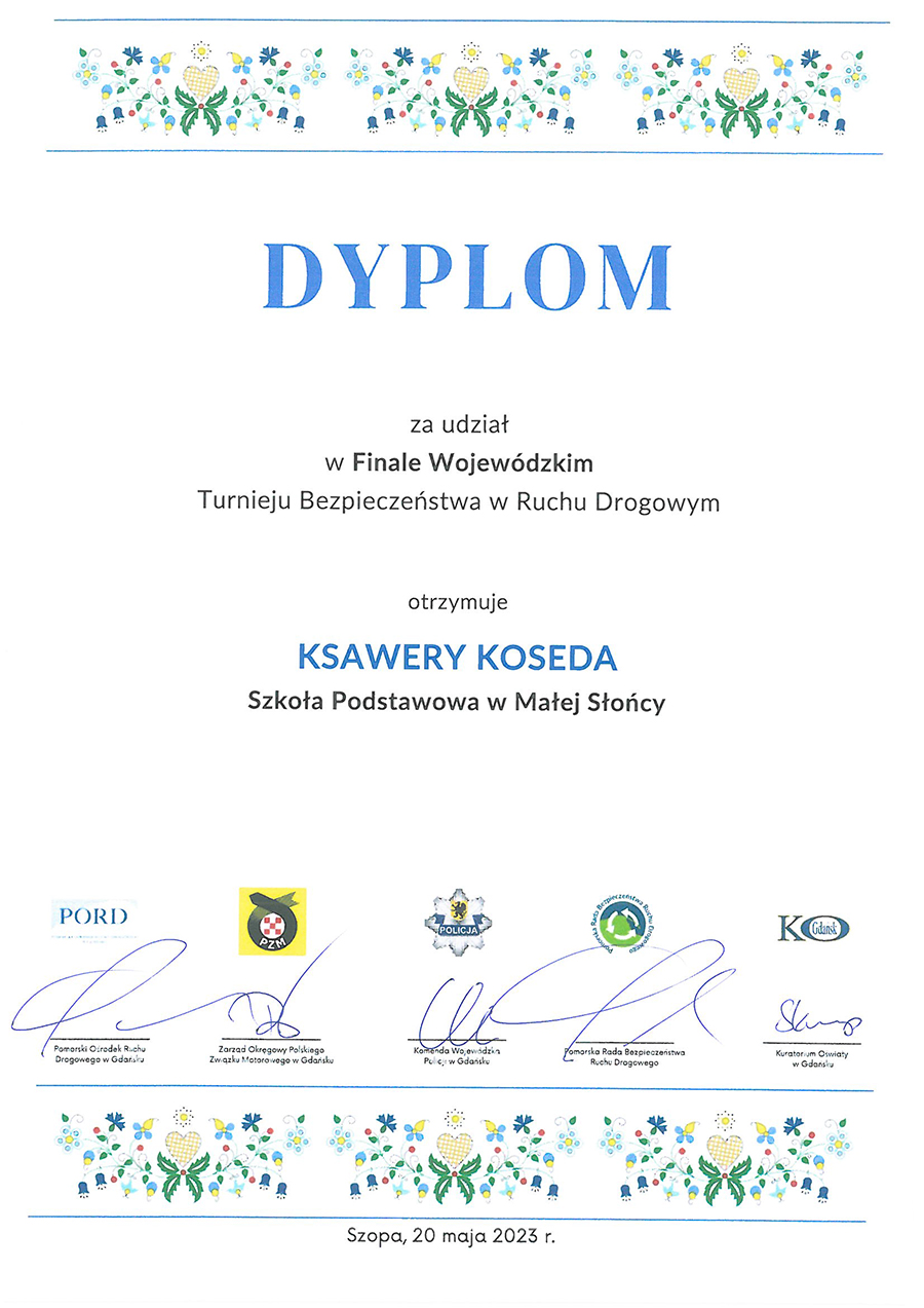 Dyplomy z Finału Wojewódzkiego Turnieju Bezpieczeństwa w Ruchu Drogowym – Szopa