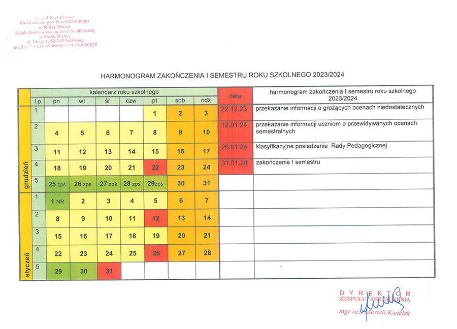 Harmonogram zakończenia I semestru roku szkolnego 2023/2024