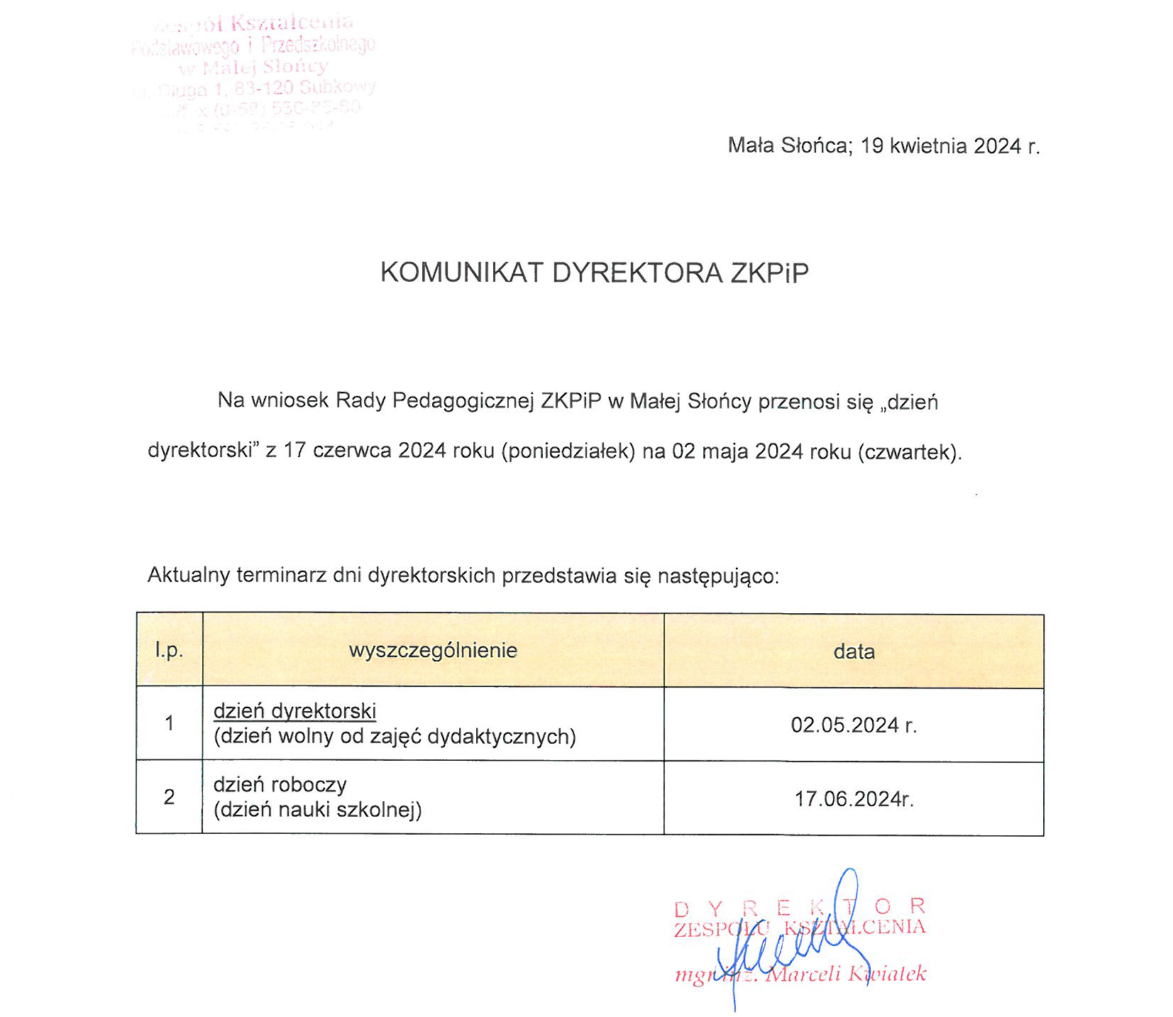 Komunikat dyrektora dotyczący godzin dyrektorskich