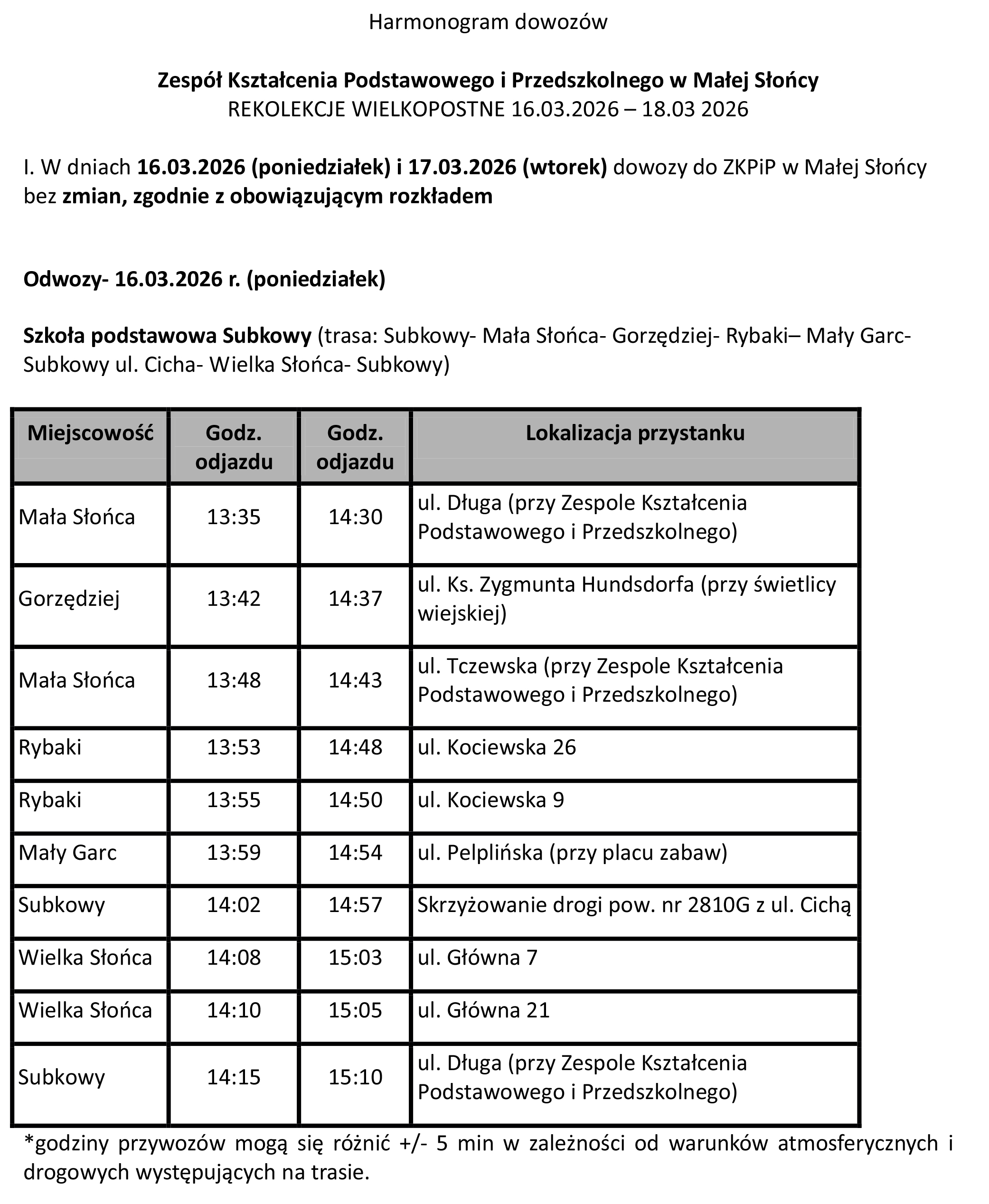 Harmonogram dowozów